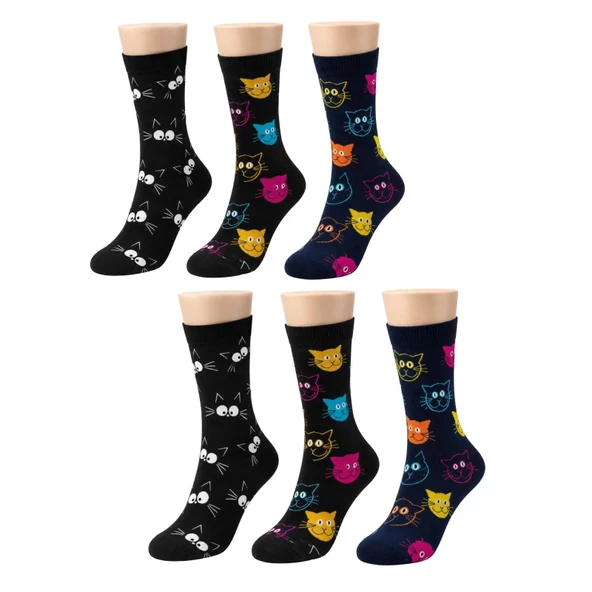 Unisex Kedi Desenli Çorap 6'lı Set Pamuklu Renkli Uzun Soket Dikişsiz Nefes Alan Rahat Günlük Çorap — RENK: Çok Renkli, BEDEN: 36-40, ADET: 6