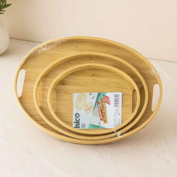 Oval Bambu Ahşap Tepsi Seti 3'lü (20x29, 26x36, 31x45 cm)