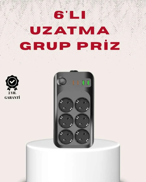 6’lı Grup Priz Termal Korumalı USB Type-C Çoklu Priz 2 Metre Kablo