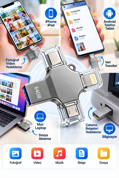 Kompakt ve Taşınabilir Tasarıma Sahip 64GB Lightning Type C USB MicroUSB Çoklu Kullanımlı Flash Bellek