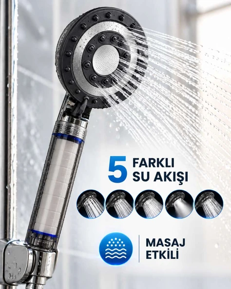 Siyah Filtreli Duş Başlığı 5 Farklı Su Akışı Etkili Klor ve Kireç Filtreleme