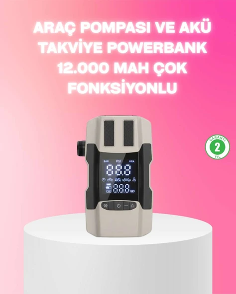 Araç Hava Pompası ve Akü Takviye Powerbank 12.000 mAh Çok Fonksiyonlu