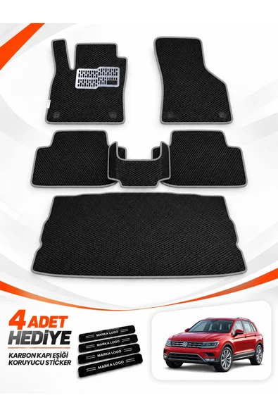 VOLKSWAGEN TİGUAN (2016-2019) Uyumlu EVA Oto Paspas Bagaj Paspası Dahil Siyah-Gri