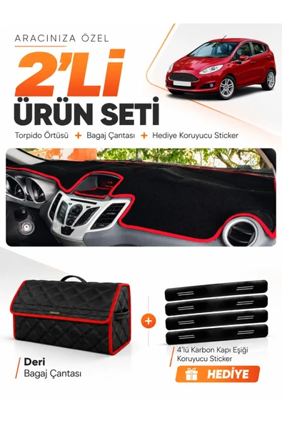 FORD FİESTA (2008-2017) Uyumlu Torpido Örtüsü + Deri Bagaj Çantası - Siyah-Kırmızı - FO008