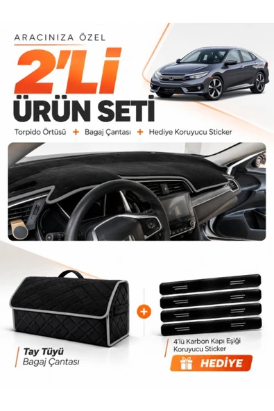 HONDA CIVIC FC5 (2015-2022) Uyumlu Torpido Örtüsü + Tay Tüyü Bagaj Çantası - Siyah-Gri - HO012