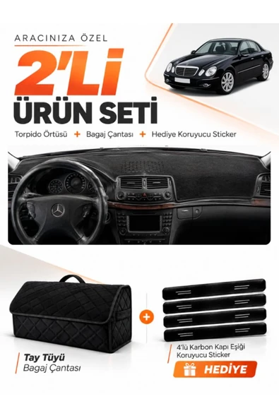 MERCEDES W211 E-CLASS (2002-2009) Uyumlu Torpido Örtüsü + Tay Tüyü Çanta - Siyah - MB013