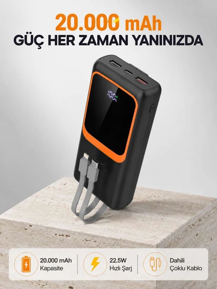 20000 mAh 22.5W Hızlı Şarjlı ve Kompakt Çoklu Kablo Çıkışlı