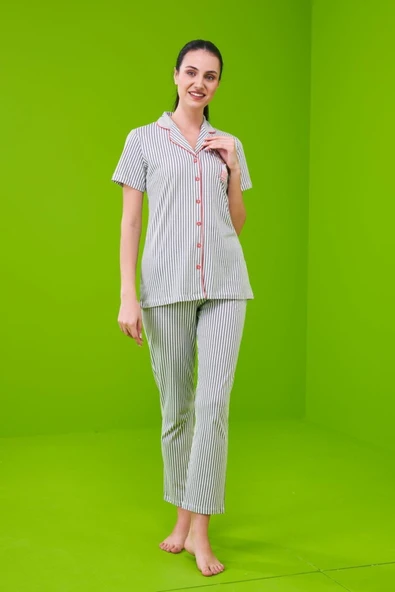 Pjs 23151 Kadın Çizgili Düğmeli Pijama Takım ürün görseli 1