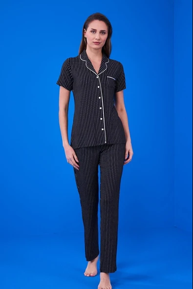 Pjs 23134 Kadın Çizgili Düğmeli Pijama Takım ürün görseli 1