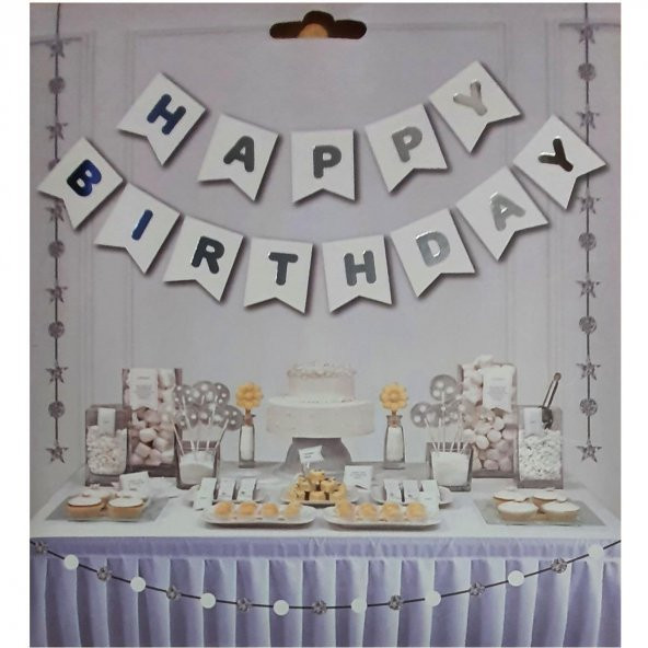 Happy Birthday Yazılı Doğum Günü Süsü Beyaz-Gümüş Flama Happy Birthday Yazılı Flama ürün görseli 1