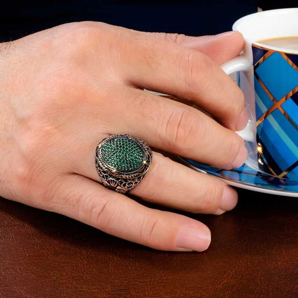 Gümüş Yeşil Zirkon Taşlı Oval Erkek Yüzük ürün görseli 1