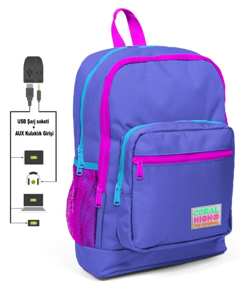 Coral High Pembe-Mor İlkokul ve Günlük Sırt Çantası - Kız Çocuk - USB ve AUX Soketli ürün görseli 1