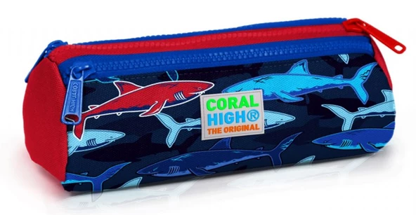 Coral High Mavi-Kırmızı Köpekbalığı Baskılı Üç Bölmeli Kalem Çantası -Erkek Çocuk ürün görseli 1