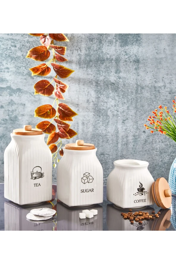 3' Lü Vakumlu Ahşap Kapaklı Beyaz Kavanoz Seti Takımı Baharat Çay Tuz Şeker Kahve Kavanozu ürün görseli 1