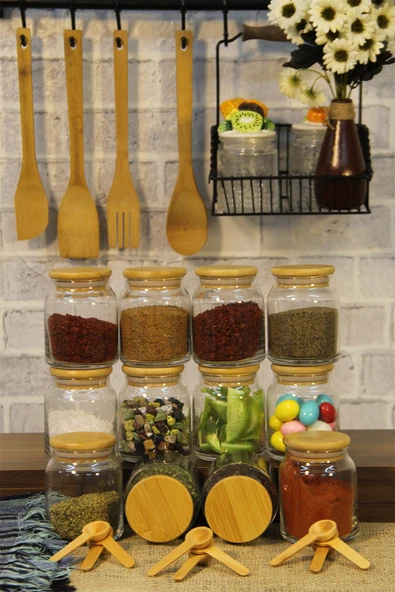 Bambu Kapaklı 300 Ml 12 Adet Cam Kavanoz Ve 12 Adet Mini Baharat Kaşığı - 24 Parça Baharatlık Seti ürün görseli 1