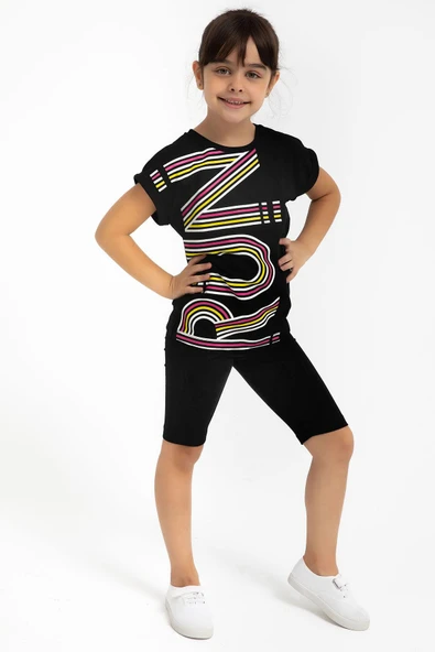 Roly Poly 2776 Run Siyah Kız Çocuk Kısa Kollu Şortlu Pijama Tayt Takım ürün görseli 1