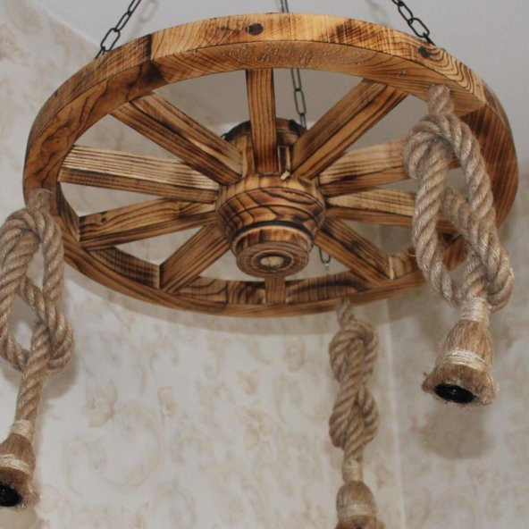 Otantik Çarşı Ahşap Halatlı Teker Avize 60 cm. 3lü - Resim 2
