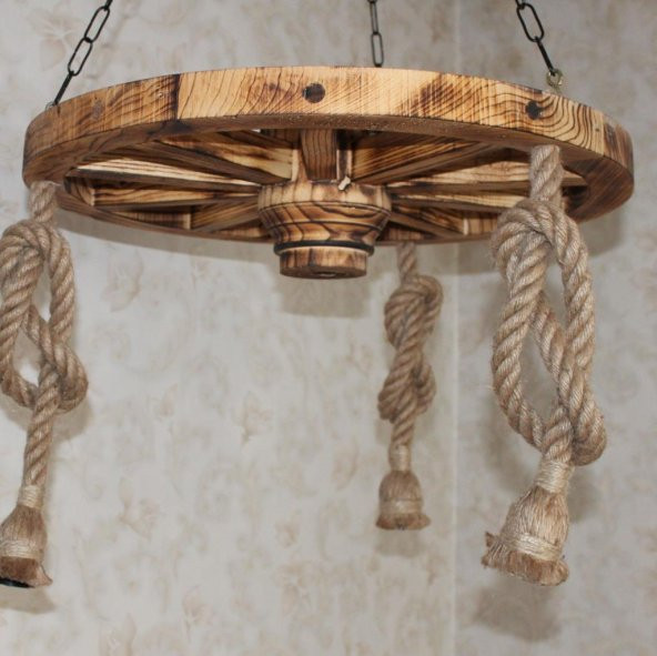 Otantik Çarşı Ahşap Halatlı Teker Avize 60 cm. 3lü - Resim 3