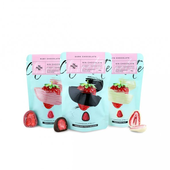 Bitter, Ruby Ve Beyaz Çikolata Kaplı Çilek Draje Seti (3 X 80 Gr) ürün görseli 1