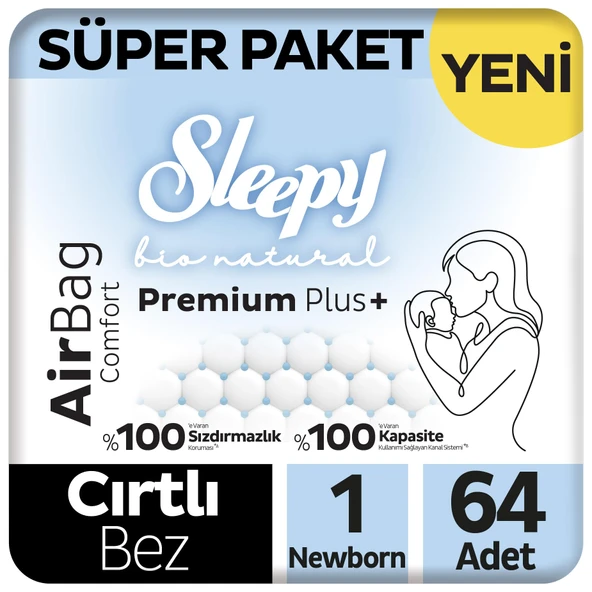 Bio Natural Premium Plus Airbag Comfort Süper Paket Bebek Bezi 1 Numara Newborn 64 Adet