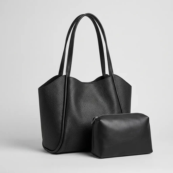 Kadın Siyah Yumuşak Deri Omuz Çantası 30x25 cm Ekstra Makyaj Çantalı