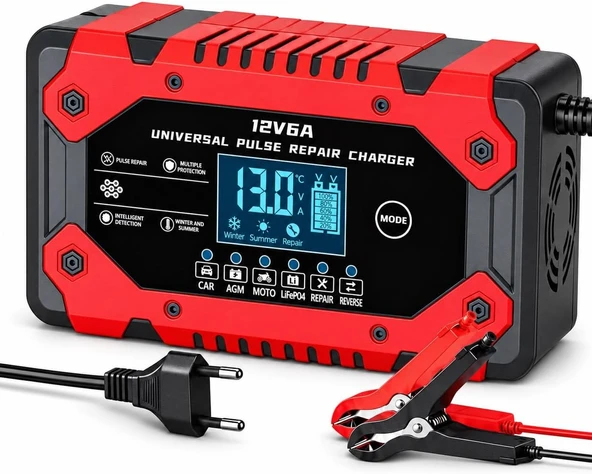 12V 6A Akıllı Hızlı Akü Şarj Cihazı - LiFePO4, Jel, AGM ve Kurşun Asit Akü Şarjör ve Onarım Cihazı (Araba, Kamyon, Motosiklet, Tekne)