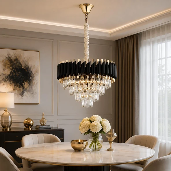 45'lik Yuvarlak Altın Kristal Taşlı Modern Oturma Odası ve Salon Sarkıt Avize