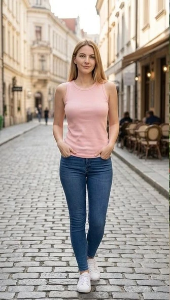 Pembe Fitilli Kolsuz Kadın Atlet - Resim 4