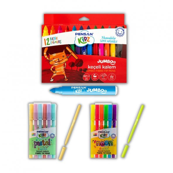 Keçeli Kalem Seti 6 Neon - 6 Pastel ve 12 Renk Jumbo Keçeli Kalem Pensan Keçeli Kalem 1 Paket ürün görseli 1