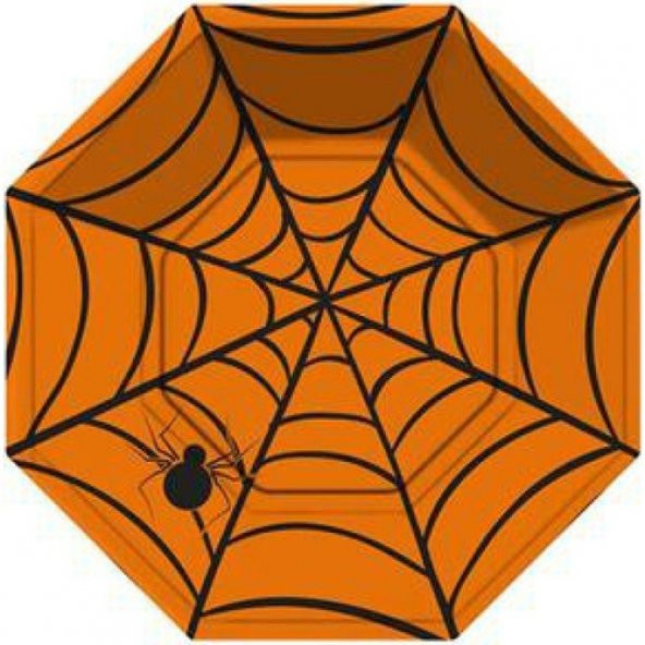 CADILAR BAYRAMI HALLOWEEN TABAK TURUNCU ÖRÜMCEK AĞI DESENLİ SEKİZGEN 8Lİ ürün görseli 1