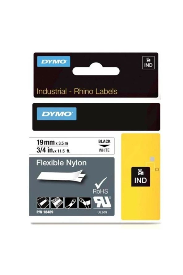 Dymo Rhino Pro Etiketi Plastik Esnek 19 MM x 3.5 Metre Siyah Üzerine Beyaz ürün görseli 1