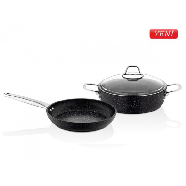 Falez Black Line Granit Döküm 26 cm Kısa Tencere + 26 cm Tava Seti ürün görseli 1