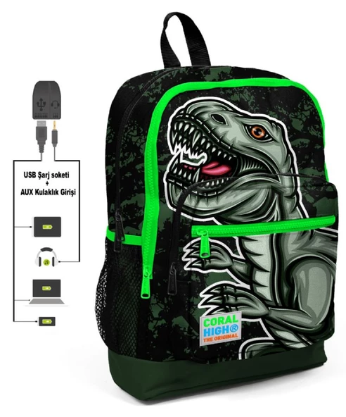 Coral High Yeşil Dinazor Desenli İlkokul ve Günlük Sırt Çantası - Erkek Çocuk - USB ve AUX Soketli ürün görseli 1
