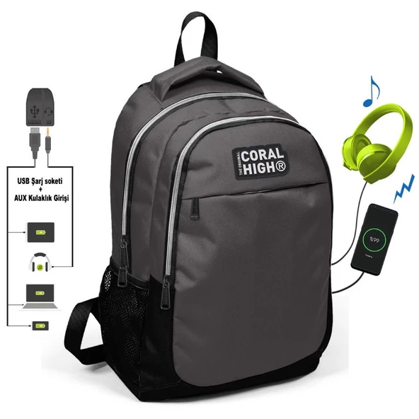 Coral High Gri-Sİyah İlk ve Ortaokul Sırt Çantası - USB ve AUX Çıkışlı - Erkek ürün görseli 1