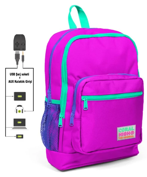 Coral High Pembe İlkokul ve Günlük Sırt Çantası - Kız Çocuk - USB ve AUX Soketli ürün görseli 1