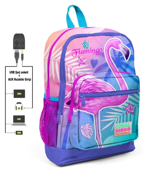 Coral High Pembe-Mavi Flamingo Baskılı İlkokul ve Günlük Sırt Çantası - Kız Çocuk - USB ve AUX Soketli ürün görseli 1