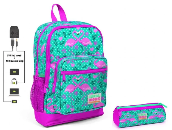 Coral High Yeşil Flamingo Baskılı İlkokul Sırt Çantası ve Kalemlik Seti - Kız Çocuk - USB Soketli ürün görseli 1