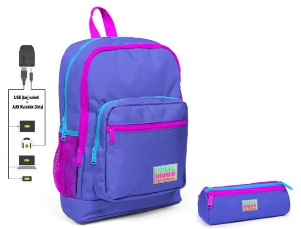 Coral High Mor İlkokul Sırt Çantası ve Kalemlik Seti - Kız Çocuk - USB Soketli ürün görseli 1