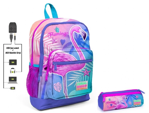 Coral High Pembe Flamingo Baskılı İlkokul Sırt Çantası ve Kalemlik Seti - Kız Çocuk - USB Soketli ürün görseli 1