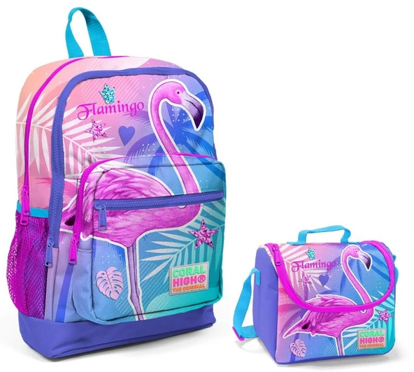 Coral High Flamingo Baskılıı Kız Çocuk İlkokul Çantası ve Beslenme Seti ürün görseli 1