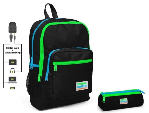 Coral High Siyah İlkokul Sırt Çantası ve Kalemlik Seti - Erkek Çocuk - USB Soketli ürün görseli 1