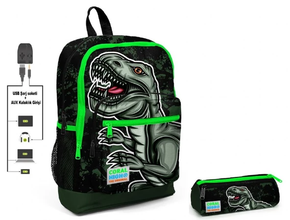 Coral High Yeşil Dinazor Baskılı İlkokul Sırt Çantası ve Kalemlik Seti - Erkek Çocuk - USB Soketli ürün görseli 1