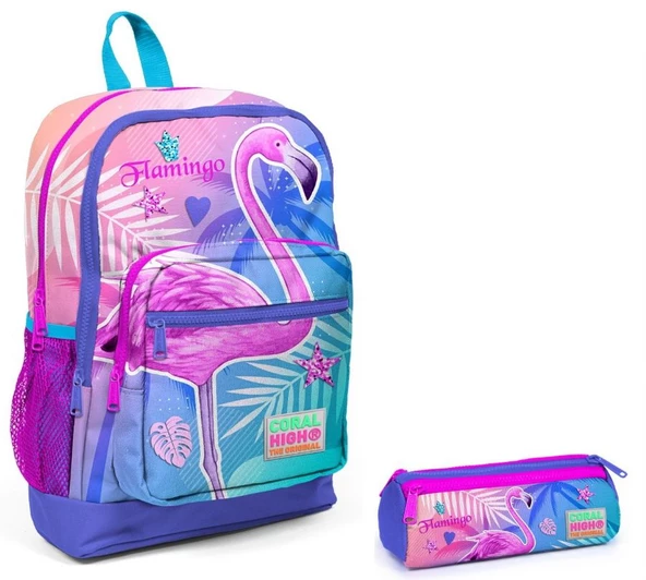 Coral High İlkokul Sırt Çantası ve Kalemlik Seti - Pembe Flamingo Baskılı ürün görseli 1