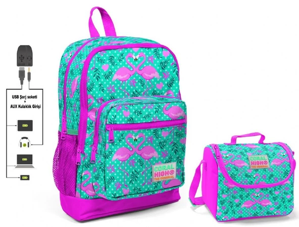 Coral High Yeşil Flamingo Baskılı Okul Çantası ve Beslenme Çantası Seti - Kız Çocuk - USB Soketli ürün görseli 1