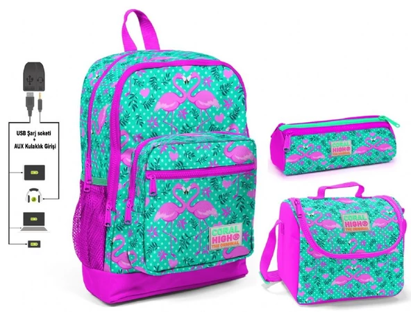 Coral High Yeşil Flamingo Baskılı Kız Çocuk İlkokul Çanta Seti - USB Çıkışlı ürün görseli 1