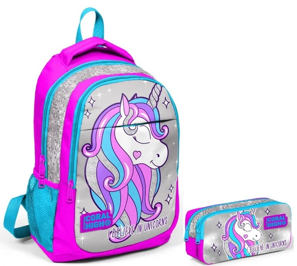 Coral High Pembe Unicorn Kız Çocuk İlkokul Çantası ve Kalemlik Seti ürün görseli 1