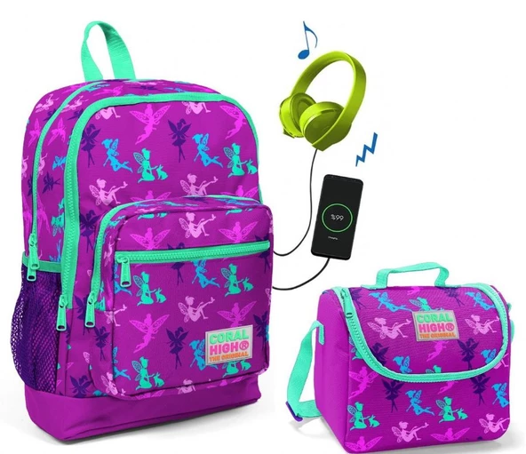 Coral High Mor Peri Baskılı Okul Çantası ve Beslenme Çantası Seti - Kız Çocuk - USB Soketli ürün görseli 1