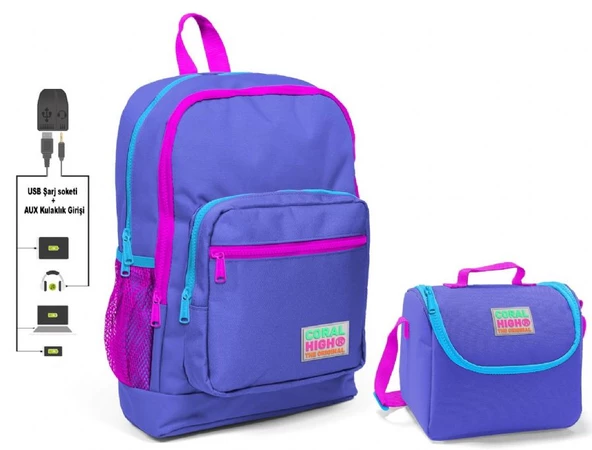 Coral High Mor Okul Çantası ve Beslenme Çantası Seti - Kız Çocuk - USB Soketli ürün görseli 1