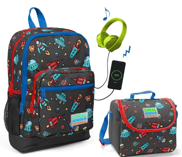 Coral High Uzay Baskılı Okul Çantası ve Beslenme Çantası Seti - Erkek Çocuk - USB Soketli ürün görseli 1