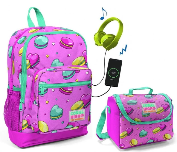 Coral High Makaron Baskılı Okul Çantası ve Beslenme Çantası Seti - Kız Çocuk - USB Soketli ürün görseli 1